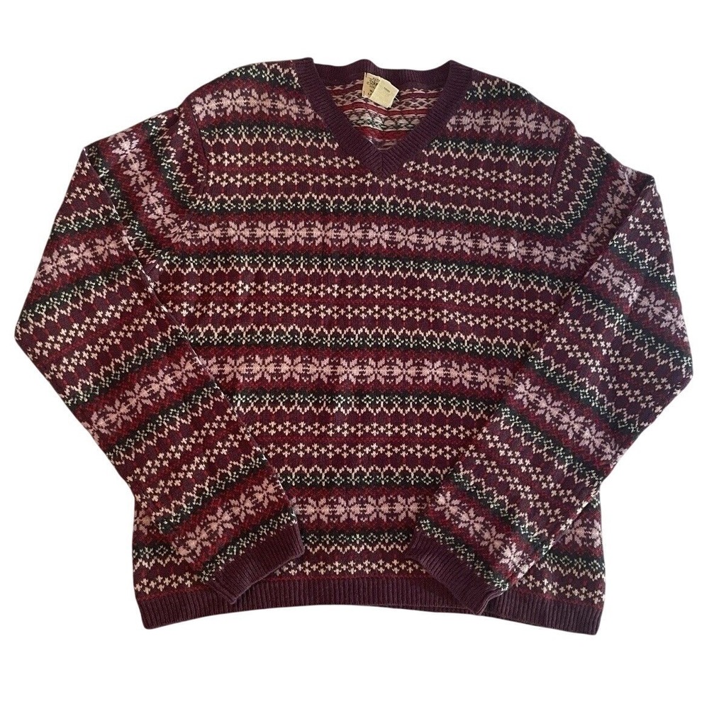 St. Johns Bay Fair Isle Sweater Mens Large Purple Lambswool V Neck Knit Pullover